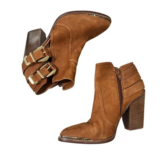 Gianni Bini Tan Suede Ankle Boots Women’s 8M Gold Buckle Block Heel Booties - Picture 4 of 8